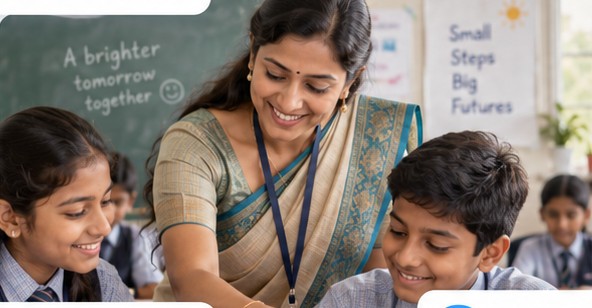 A teacher working through a problem with two learners
