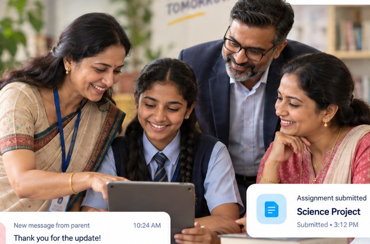A teacher, a learner and her parents looking at the same screen
